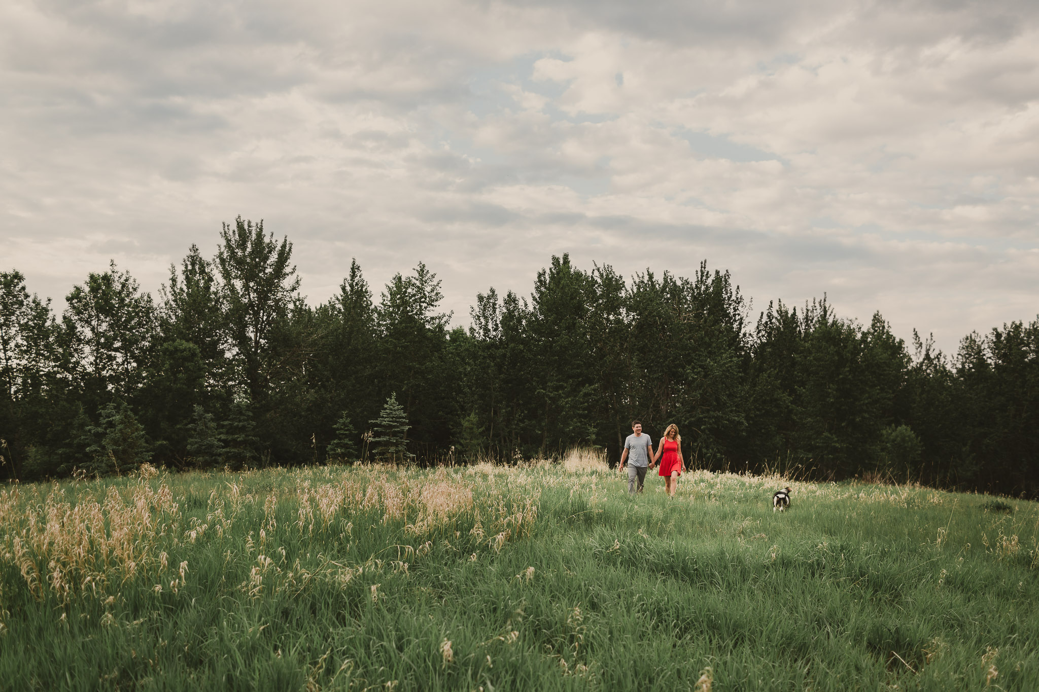 woman and man walking holding hands with dog