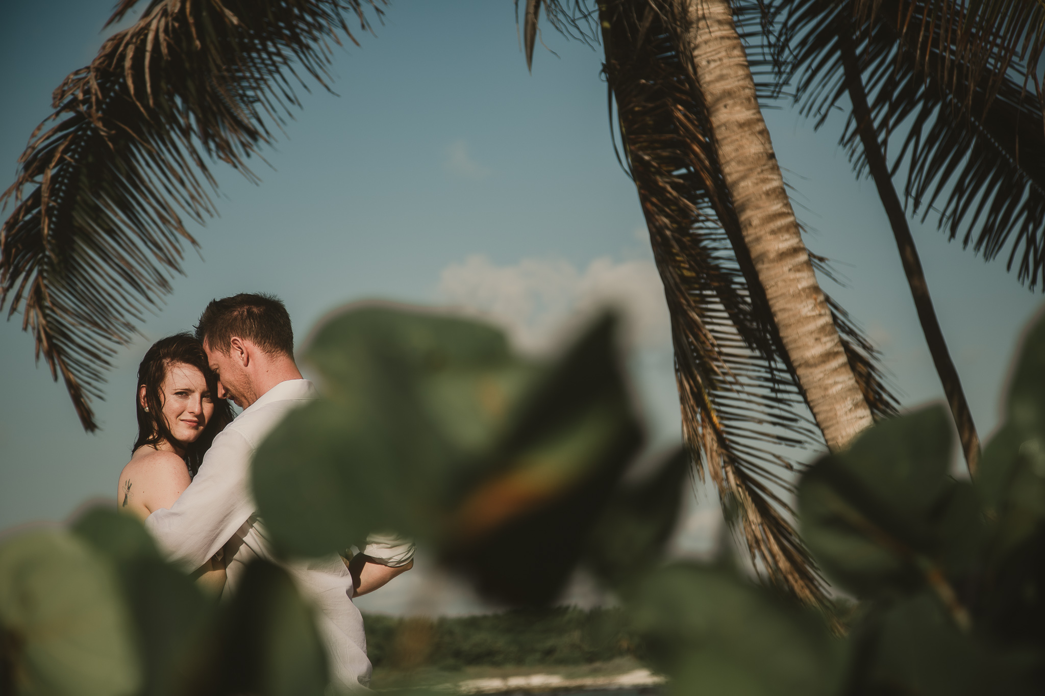 couple embracing behind plants with palm tree